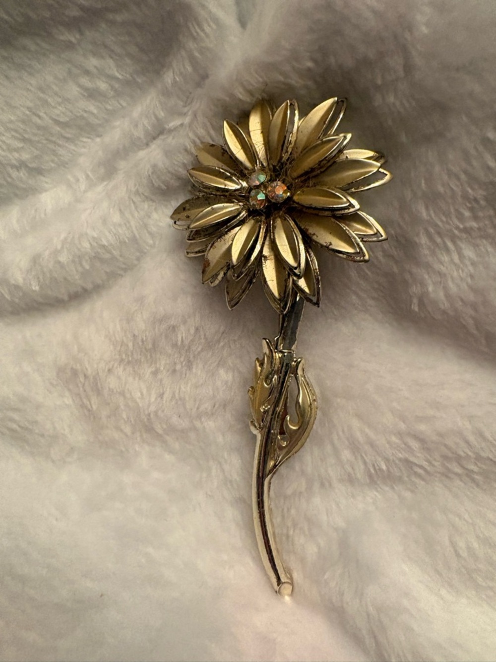 Large Gold Flower Stem Brooch with Rhinestone Center